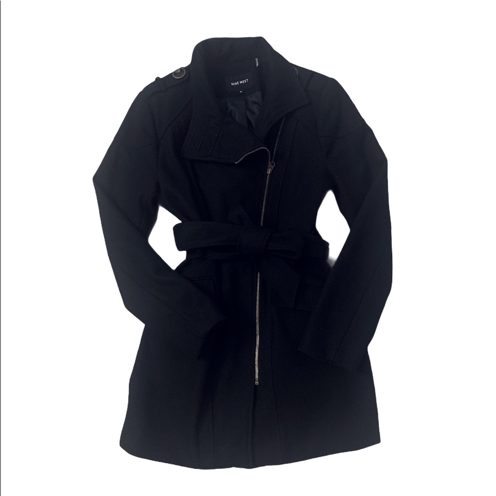 Nine West Black Belted Wool-Blend Military Coat 8